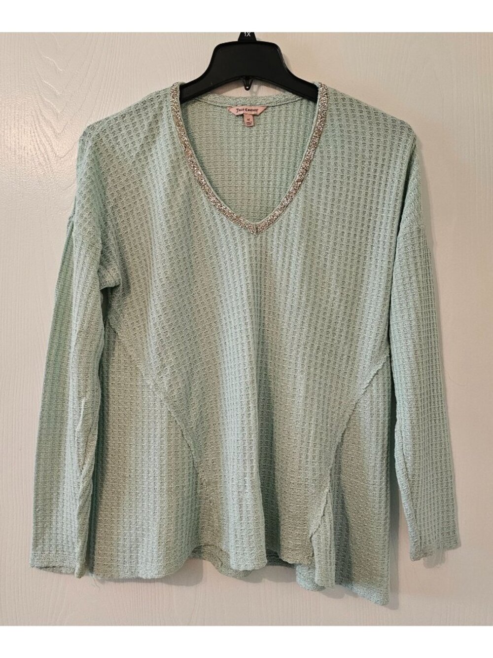 Juicy Couture Womens Long Sleeve Waffle Knit Sweater Glitter Trim V-Neck M READ